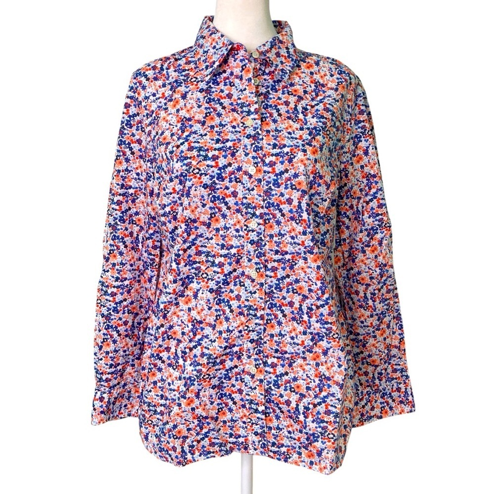 Talbots Tiny Floral 100% Cotton Button Front Shirt Orange Blue (Size S)